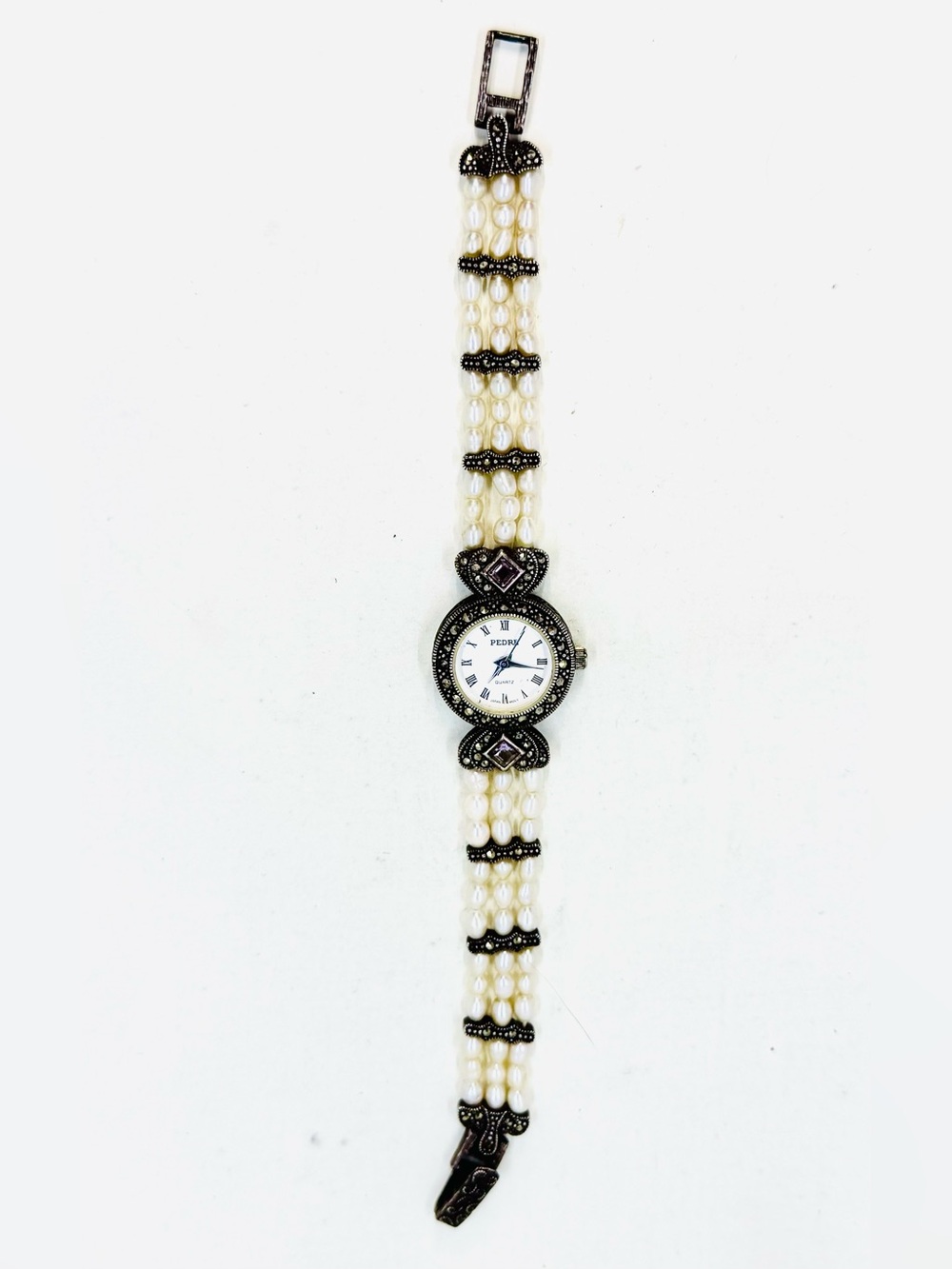 Vintage Pedre Japan Sterling Silver Multi-Strand Pearl & Marcasite Watch 6.5”